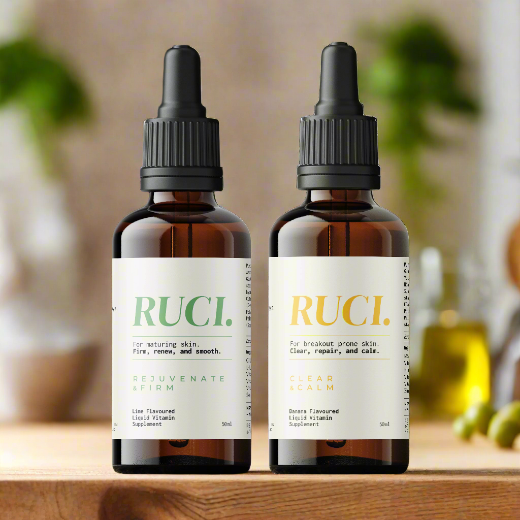Two RUCI skincare bottles on a white background