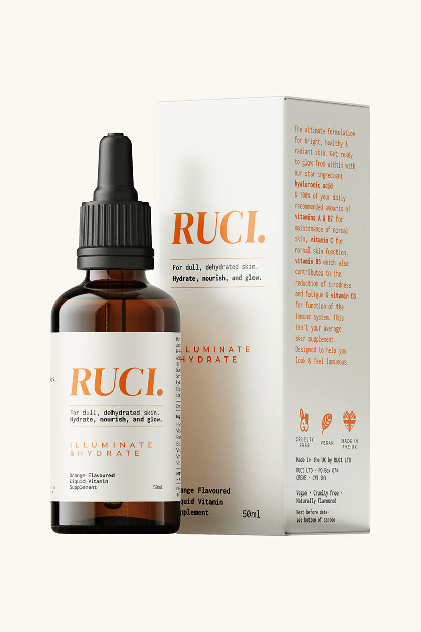 RUCI skincare bottle and packaging on a white background