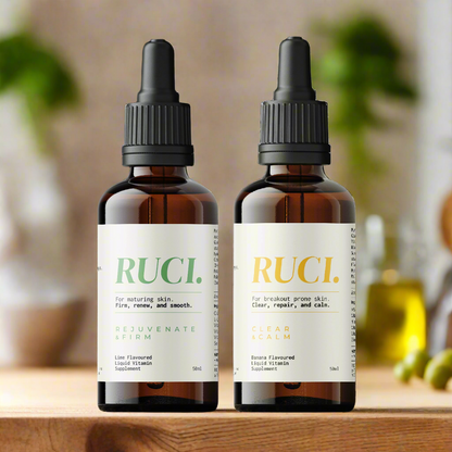 Two RUCI skincare bottles on a white background